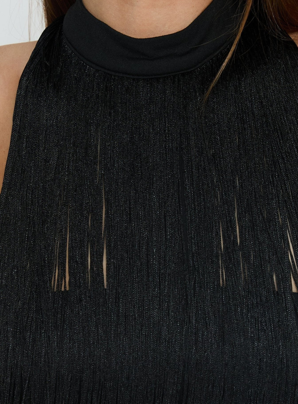 Zephyrine Fringe Asymmetrical Halter Top Black