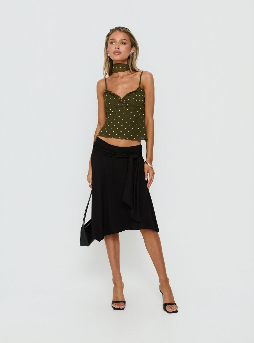 Mishy Scarf Detail Cami Top Olive Polka