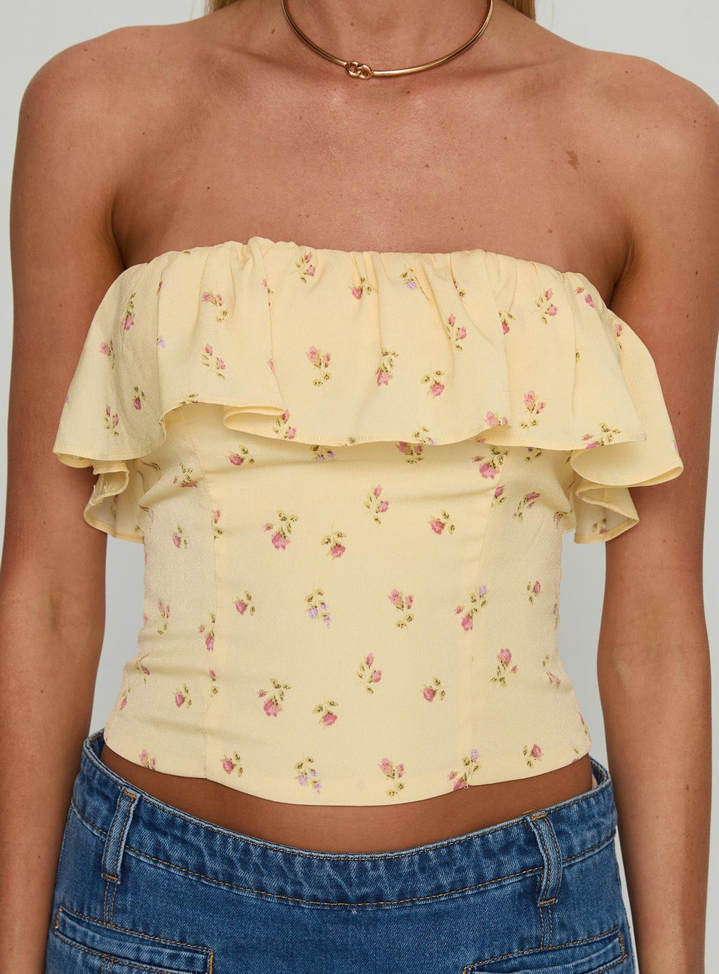 Ursella Strapless Frill Detail Top Yellow Floral