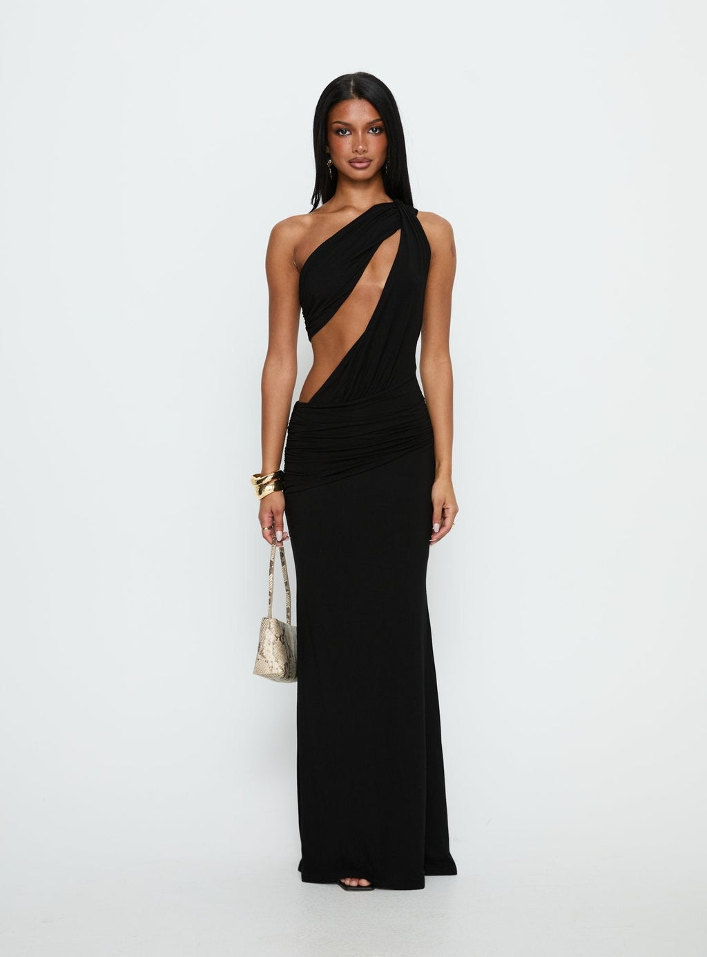 Loletta Draped One Shoulder Maxi Dress Black