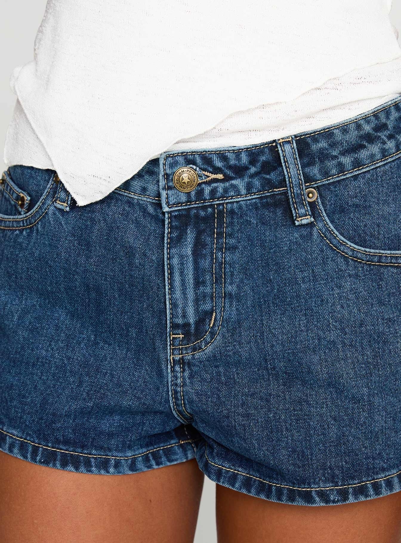 Dreamful Low Rise Mini Denim Shorts Dark Blue Wash Tall