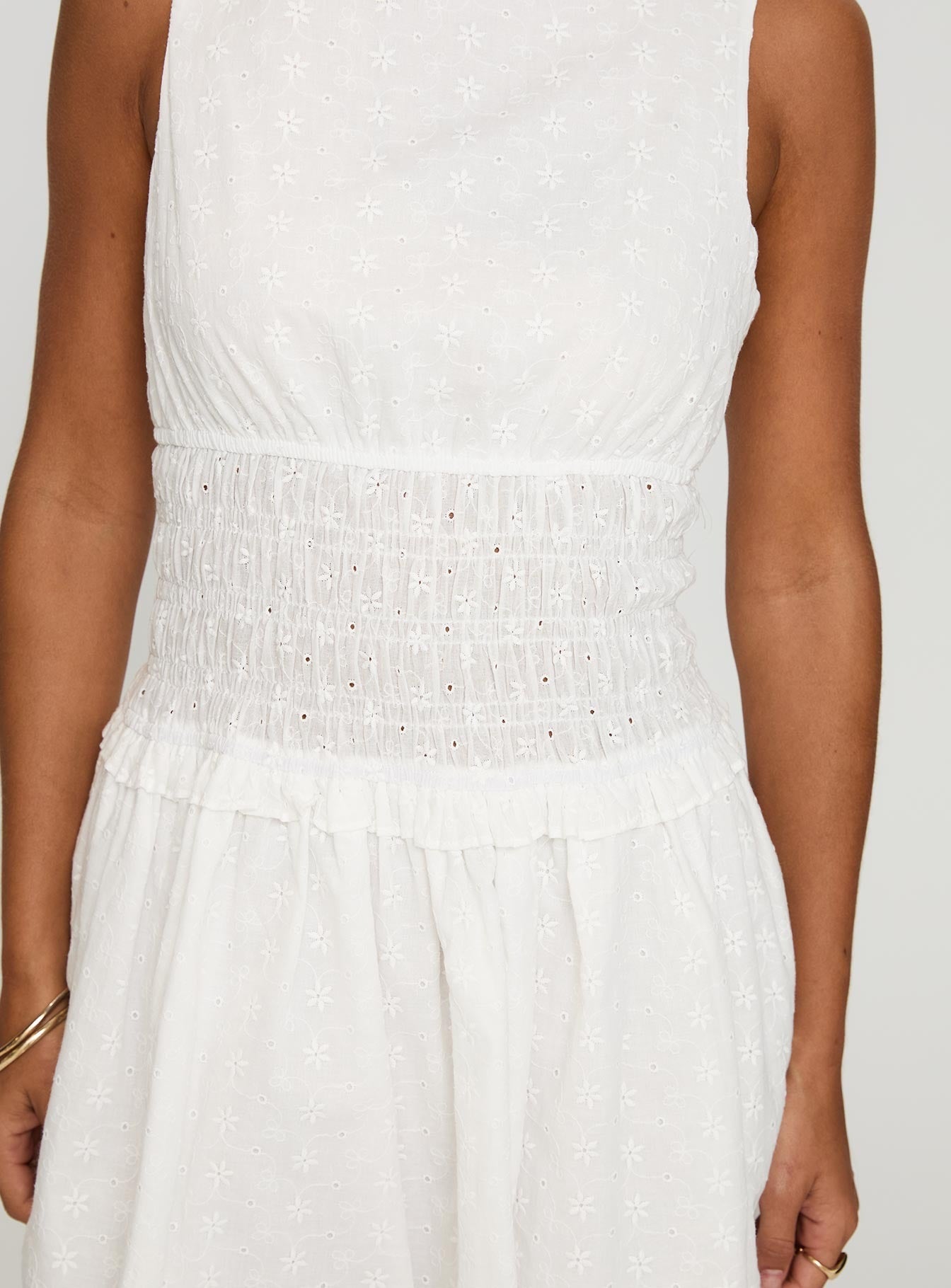 Yennifer Shirred Broiderie Mini Dress White