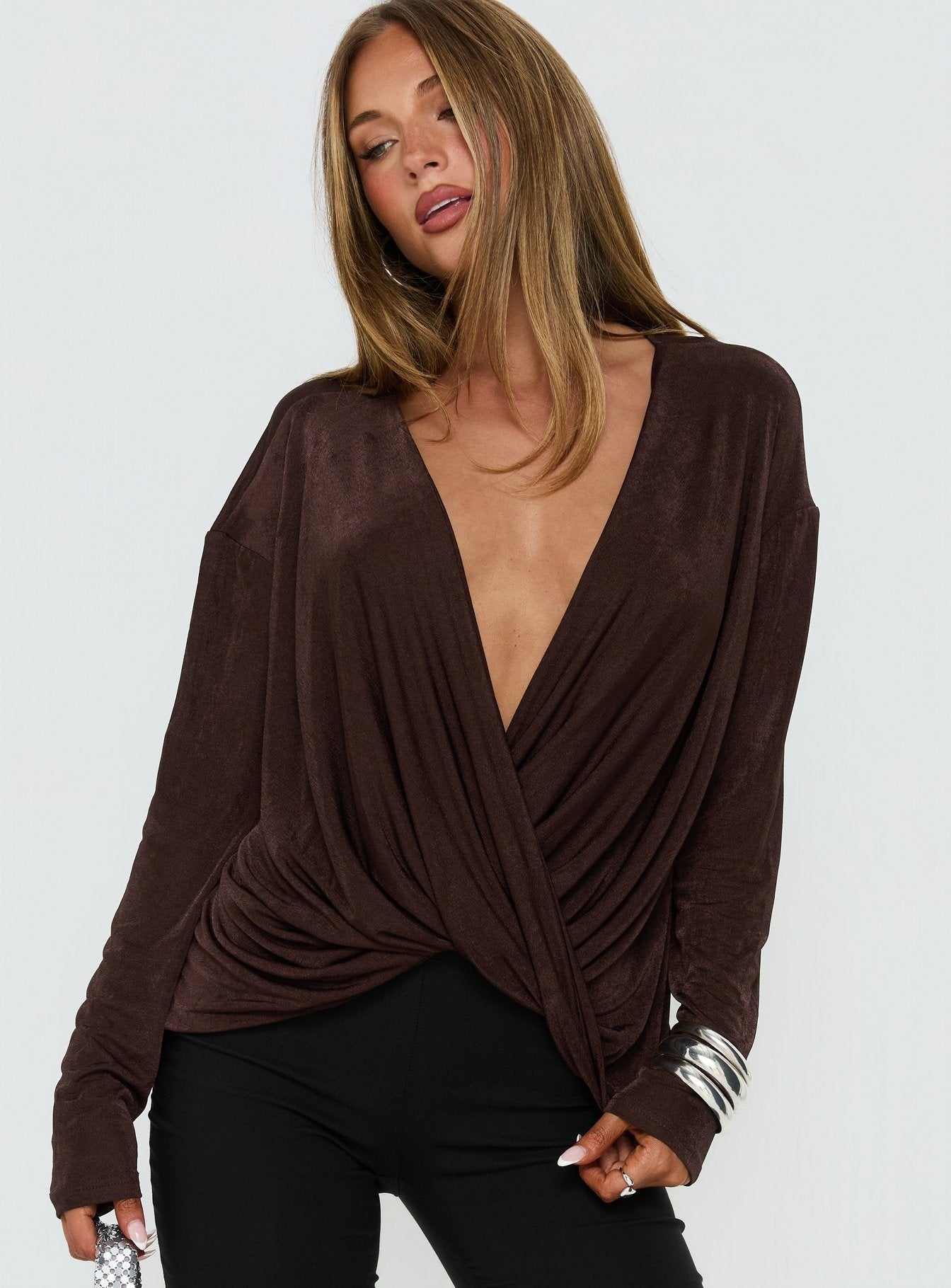 Tit For Tat Long Sleeve Draped Top Chocolate