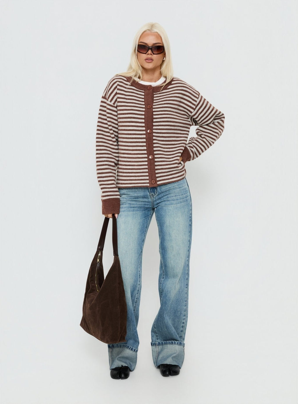 Darnelle Button Up Knit Cardigan Chocolate Stripe