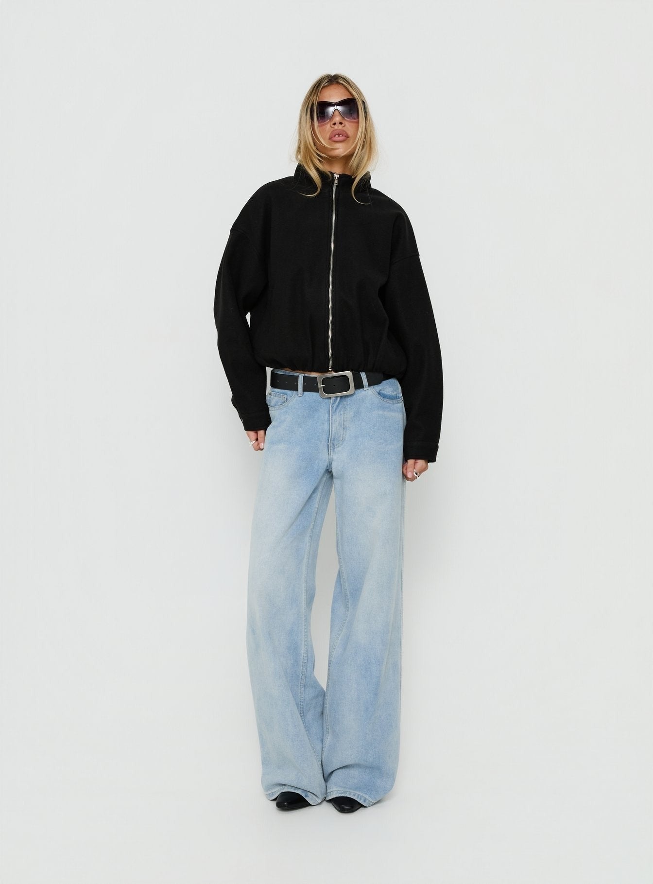 Chayden Cropped Faux Wool Bomber Jacket Black