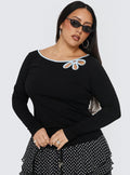 Double Back Floral Cut Out Long Sleeve Top Black Curve