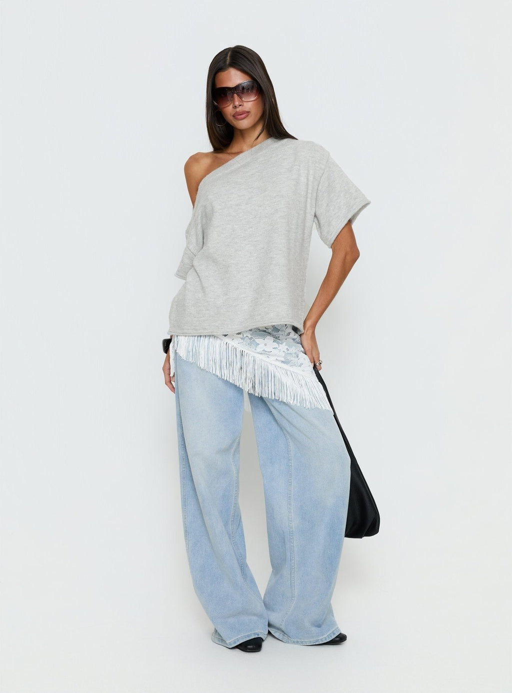 Kourta Off Shoulder Oversized Knit Top Grey Marle