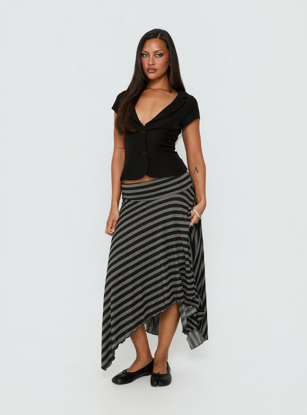 Alevia Asymmetrical Midi Skirt Black / Grey Stripe