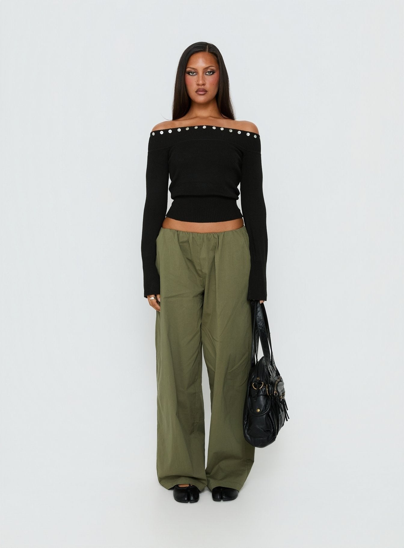 Miralys Off Shoulder Long Sleeve Knit Top Black