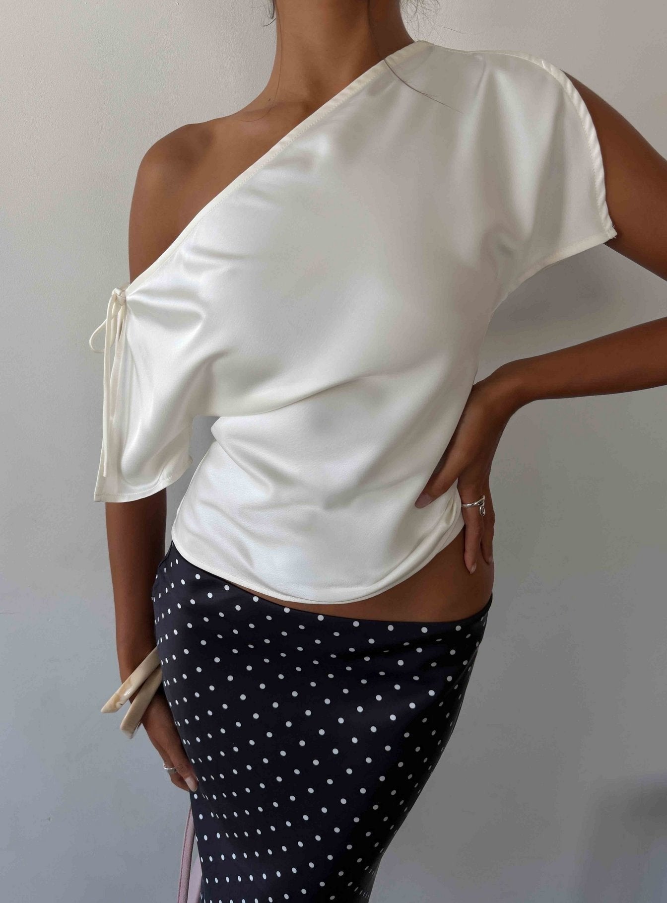 Faisa Off Shoulder Satin Top Cream