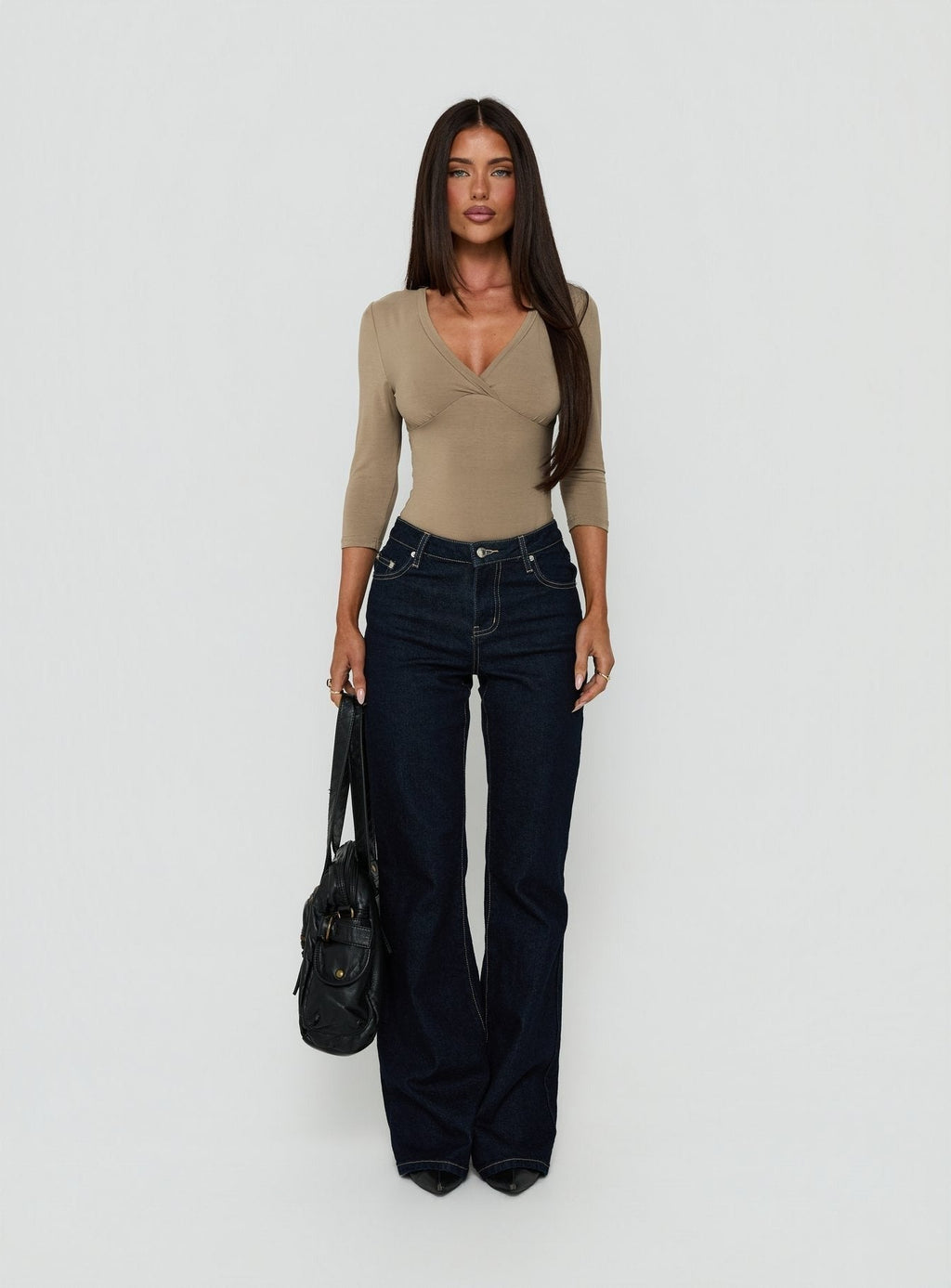 Adenn 3/4 Sleeve V Neck Bodysuit Taupe